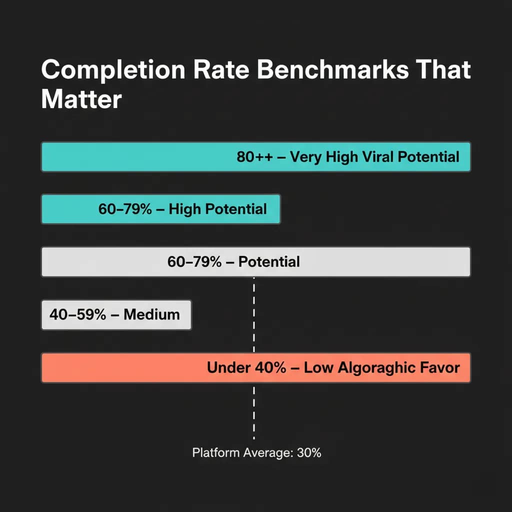 TikTok Completion Rate Benchmarks 2025 TikTok completion rate benchmarks - showing platform average at 30% and viral potential thresholds up to 80 percent