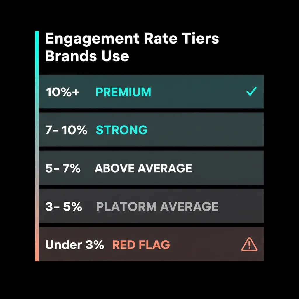 TikTok Engagement Rate Benchmarks 2025 - Brand Deal Tiers TikTok engagement rate tier chart for brand deals - from under 3% red flag to 10% plus premium tier