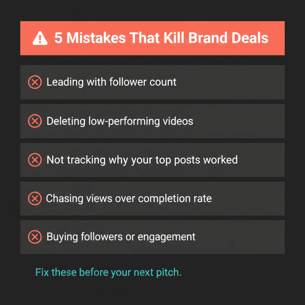 TikTok Brand Deal Mistakes to Avoid - Creator Checklist Five common TikTok creator mistakes that kill brand deals - including leading with follower count and buying fake engagement