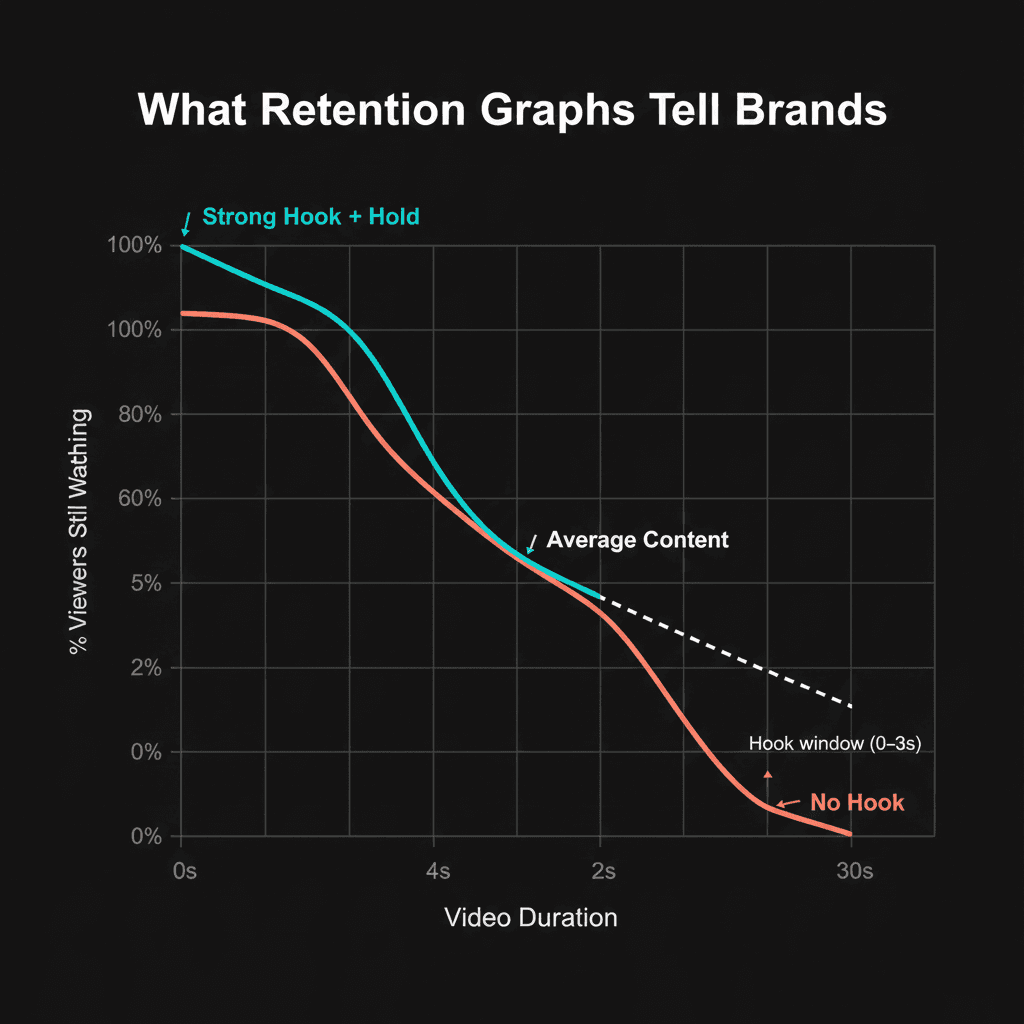 TikTok Retention Graph Explained - What Brands Look For TikTok video retention graph showing viewer drop-off patterns - strong hook versus average versus no-hook content curves